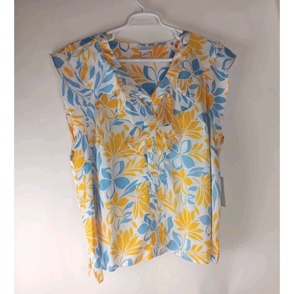Liz Claiborne Sleeveless‎ Ruffled Layered Floral Blouse Yellow Blue White 2X